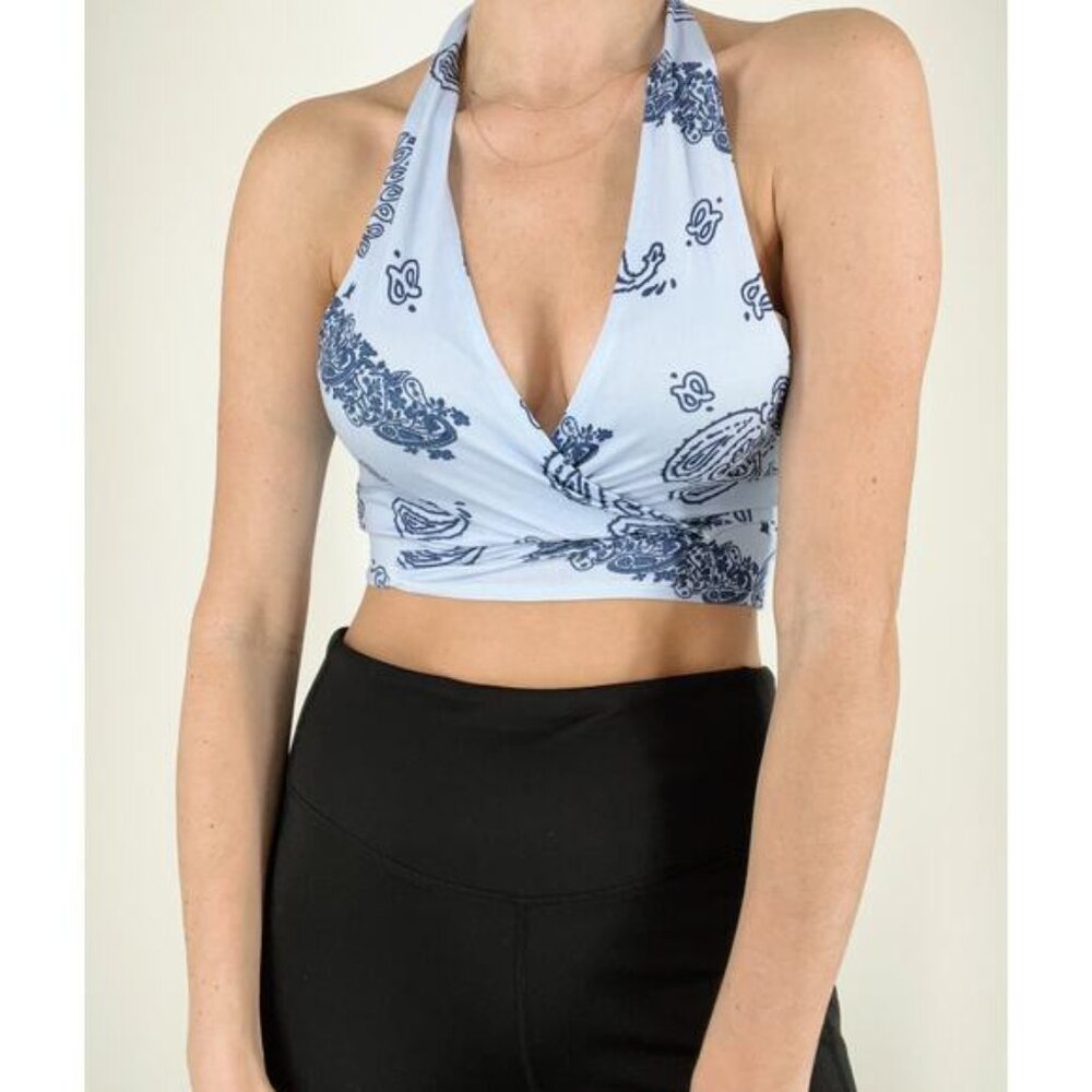 SHEIN Paisley Print Blue Halter Tie Crop Top Size Medium